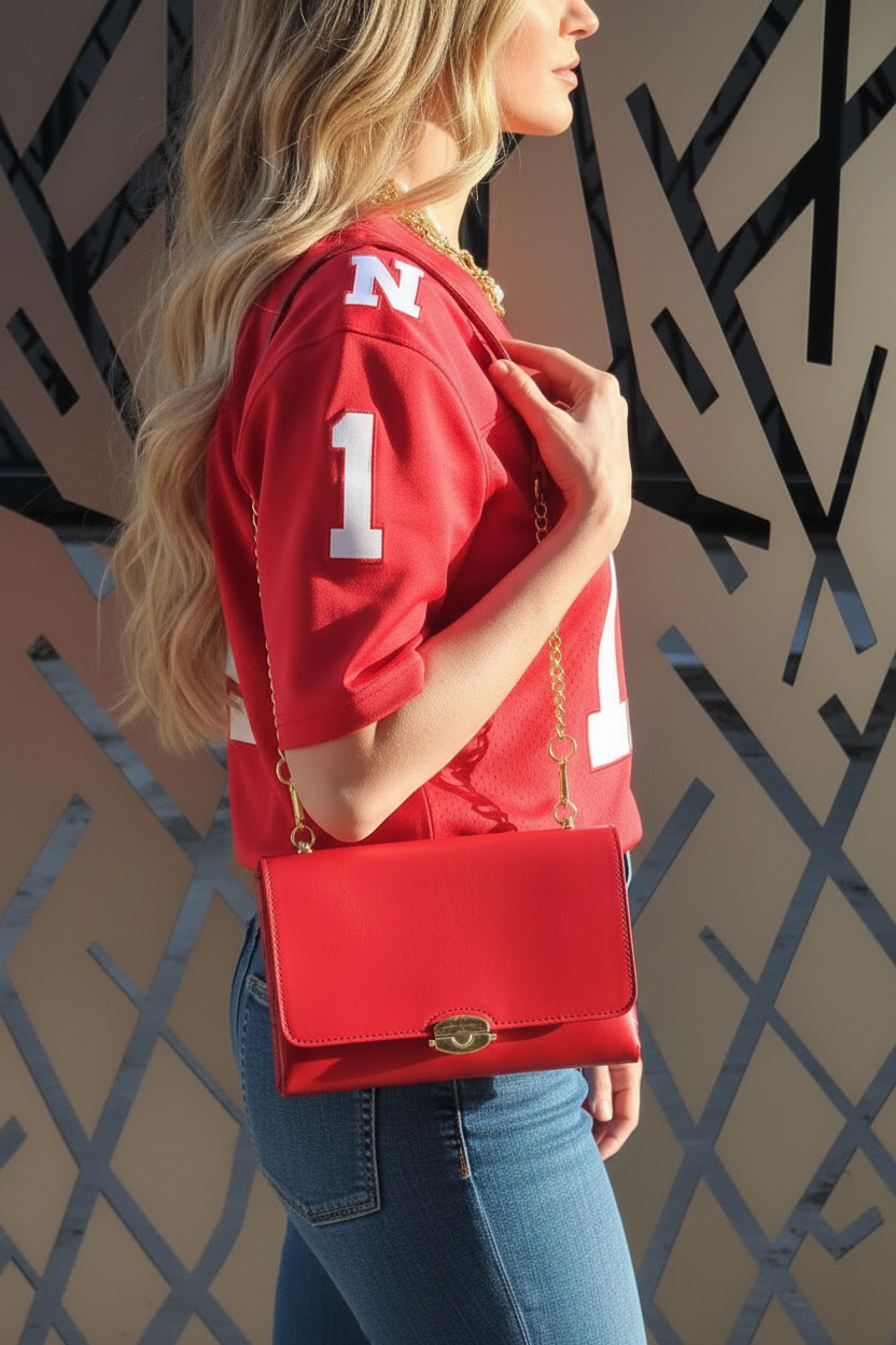 Nebraska Football fan wearing a red sports jersey with number 1, holding a matching red handbag against a geometric patterned wall.