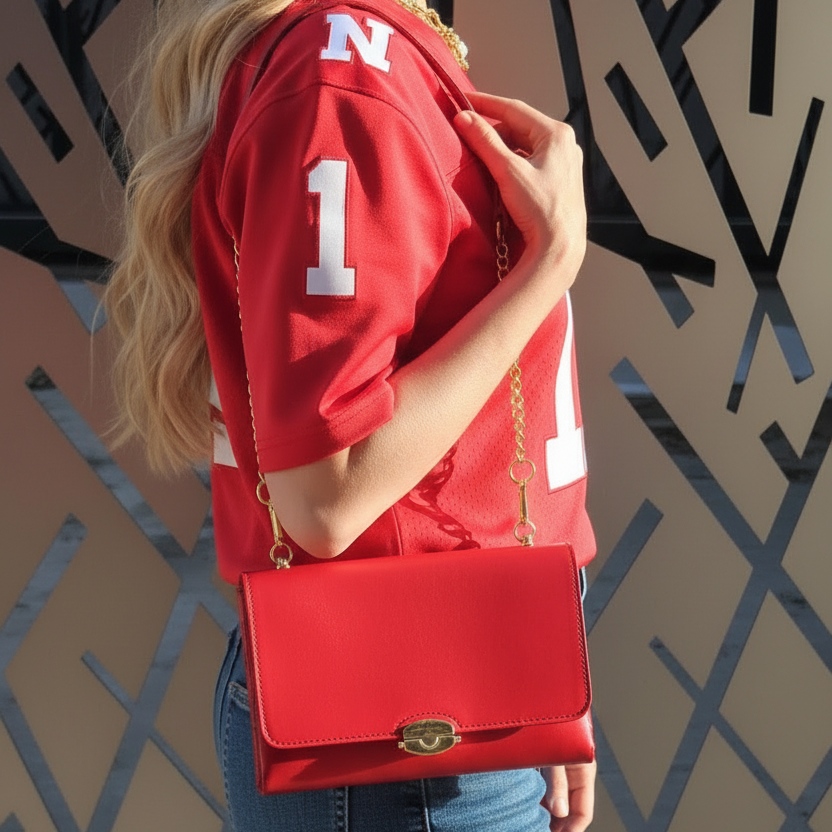 The Willa Red Leather Shoulder Bag – Vintage Glam Handbag – Handmade Leather Purse – Chain Strap Clutch – Custom Team Colors Available