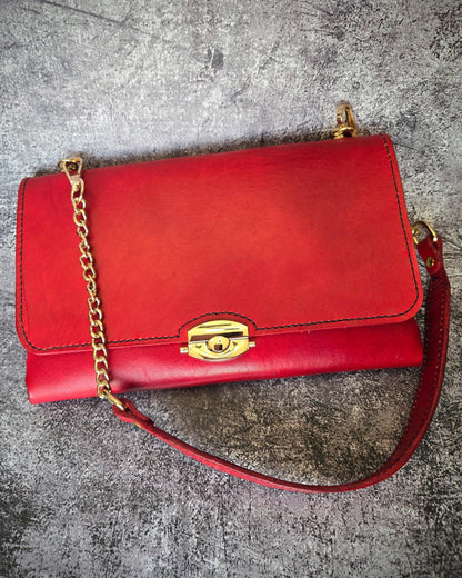 Handcrafted Red Leather Purse With Gold Chain Strap and Cornhusker Lining- Nebraska Cornhusker Football