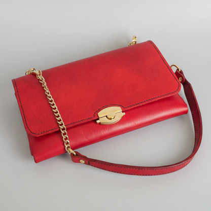 The Willa Red Leather Shoulder Bag – Vintage Glam Handbag – Handmade Leather Purse – Chain Strap Clutch – Custom Team Colors Available