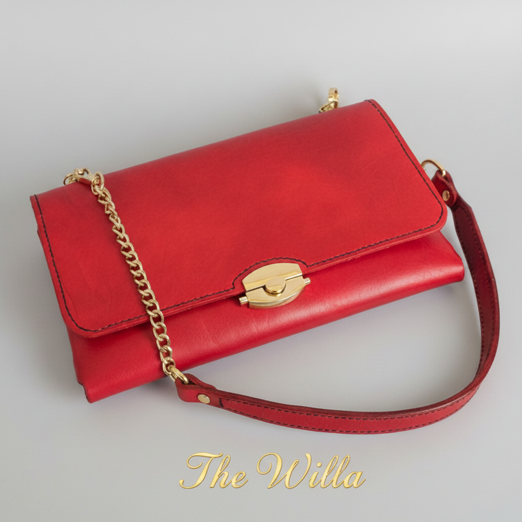 The Willa Red Leather Shoulder Bag – Vintage Glam Handbag – Handmade Leather Purse – Chain Strap Clutch – Custom Team Colors Available