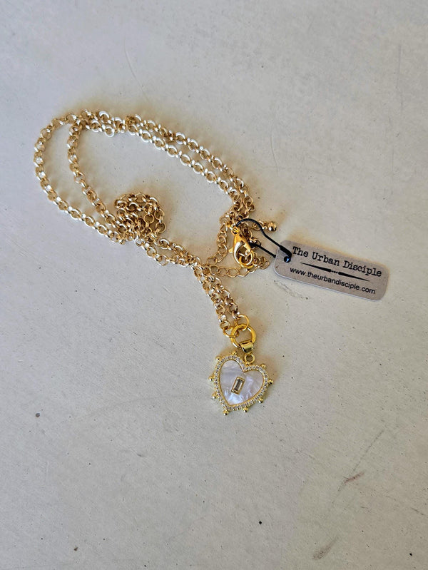 Petite Mother Of Pearl and Swarovski Crystal Heart Pendant on 18" Gold Tone Rolo Chain