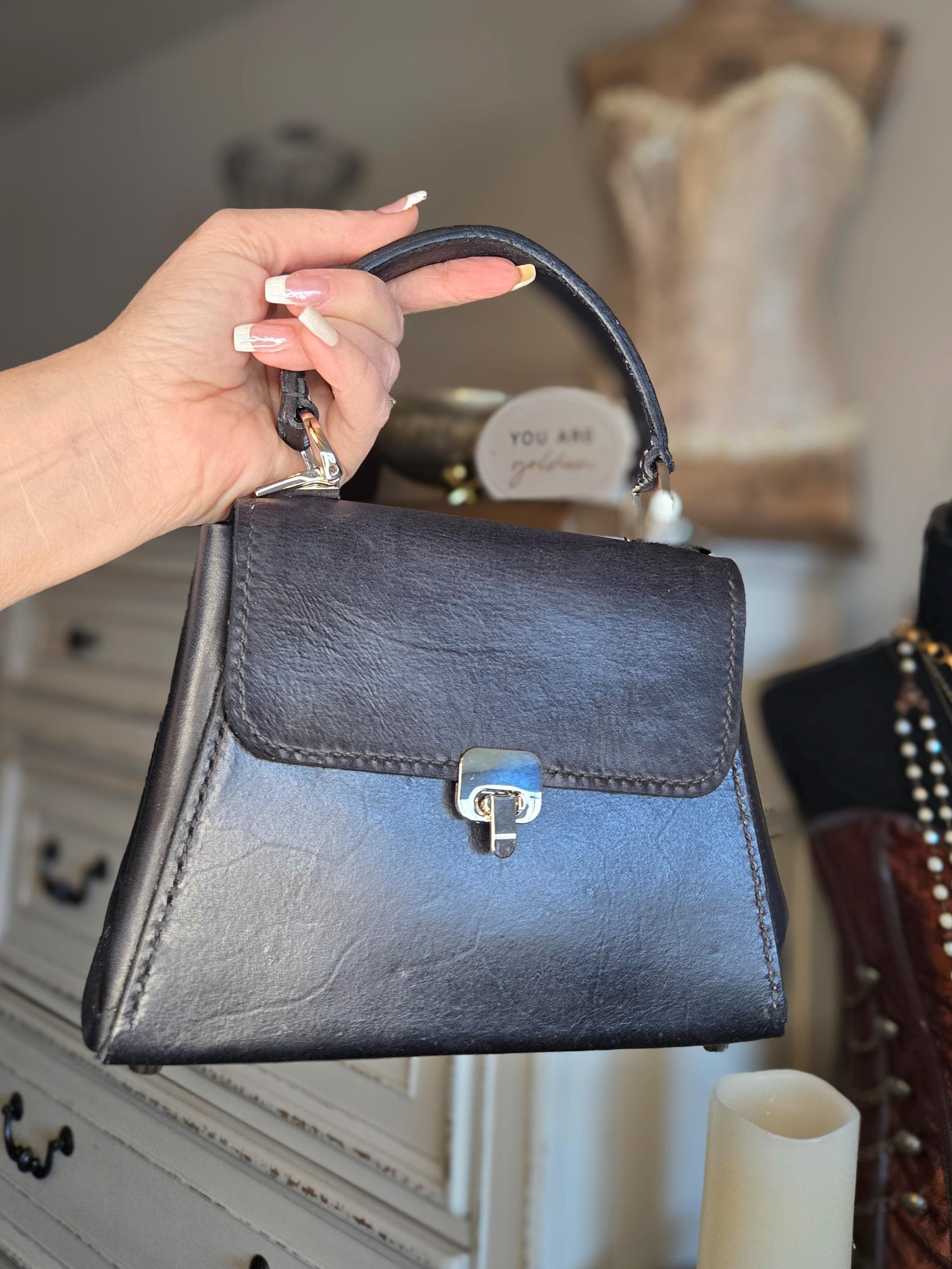Handstitched Small Black Full Grain Leather Handbag with Top Handle and Silver Hardware