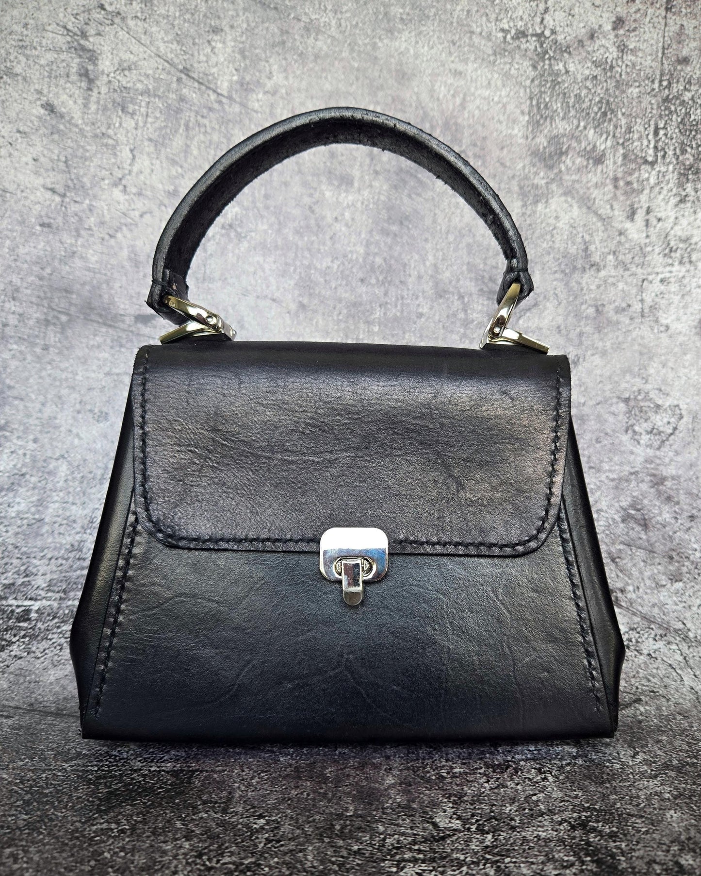 Handstitched Small Black Full Grain Leather Handbag with Top Handle and Silver Hardware