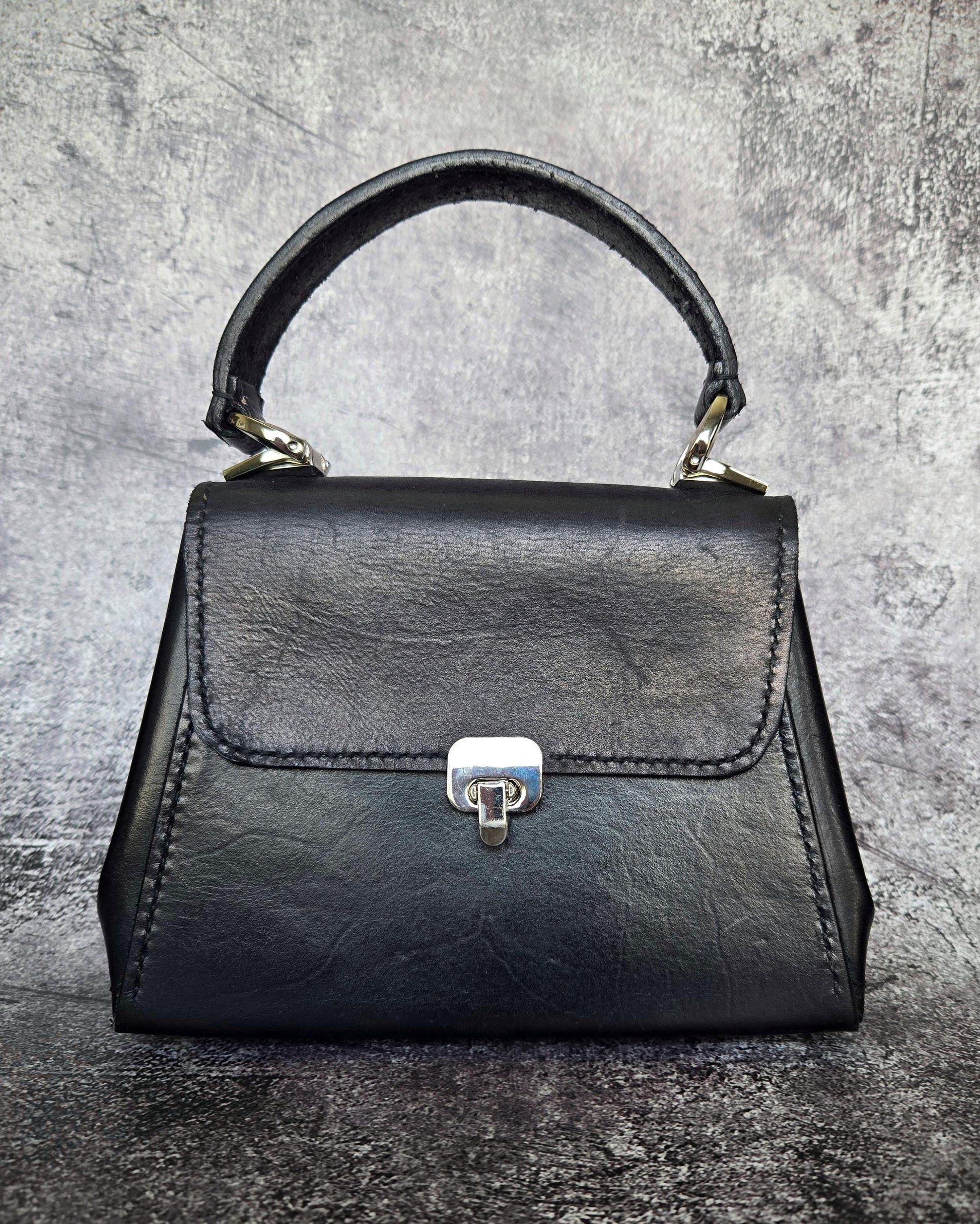 Handstitched Small Black Full Grain Leather Handbag with Top Handle and Silver Hardware