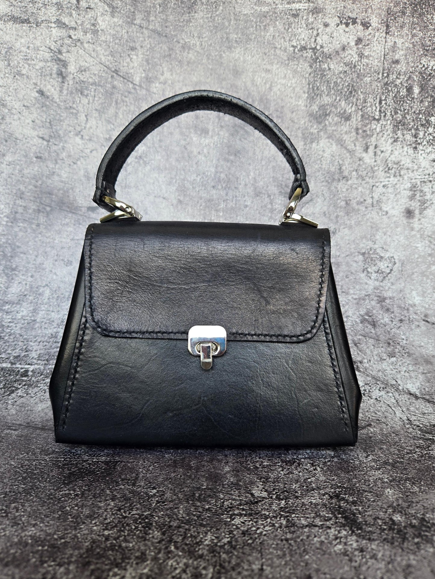 Handstitched Small Black Full Grain Leather Handbag with Top Handle and Silver Hardware