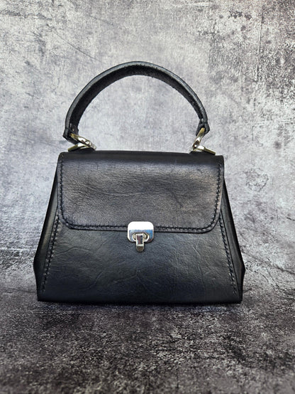 Handstitched Small Black Full Grain Leather Handbag with Top Handle and Silver Hardware