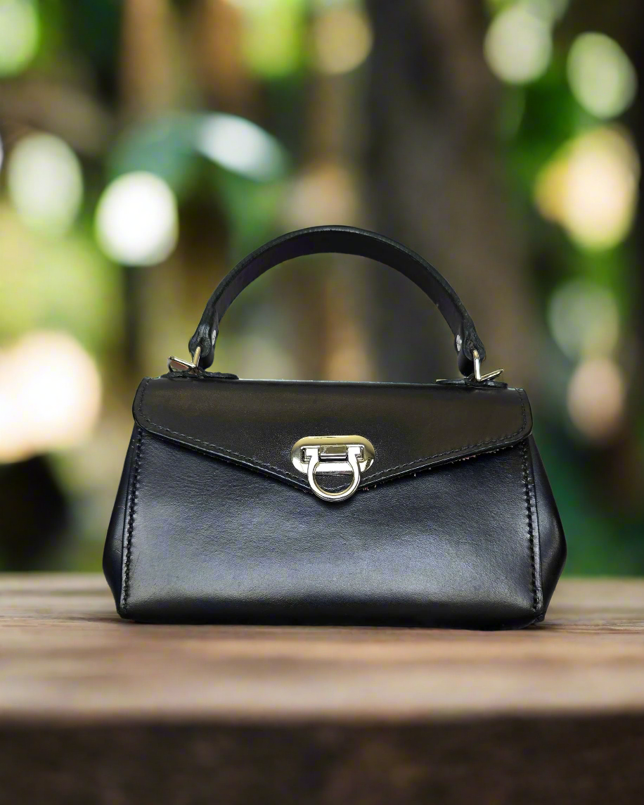 Hand Stitched, Full Grain, Black Leather Handbag with NE Cornhusker Football Lining - Handcrafted Purse