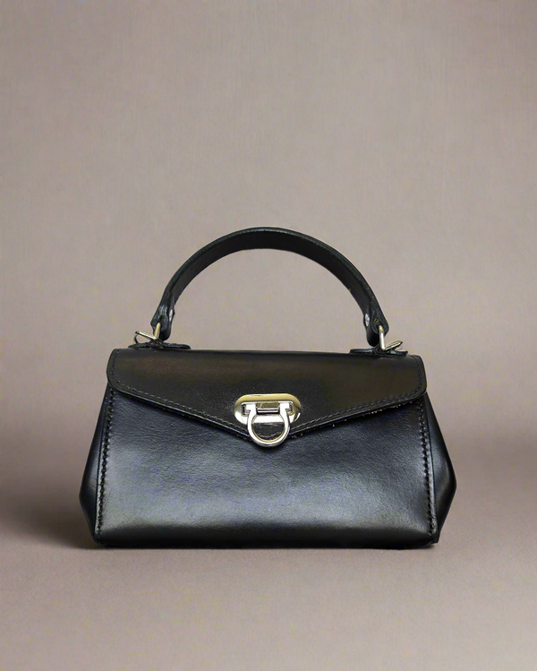 Hand Stitched, Full Grain, Black Leather Handbag with NE Cornhusker Football Lining - Handcrafted Purse