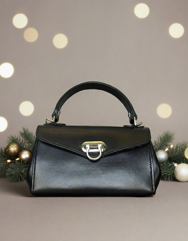 Hand Stitched, Full Grain, Black Leather Handbag with NE Cornhusker Football Lining - Handcrafted Purse