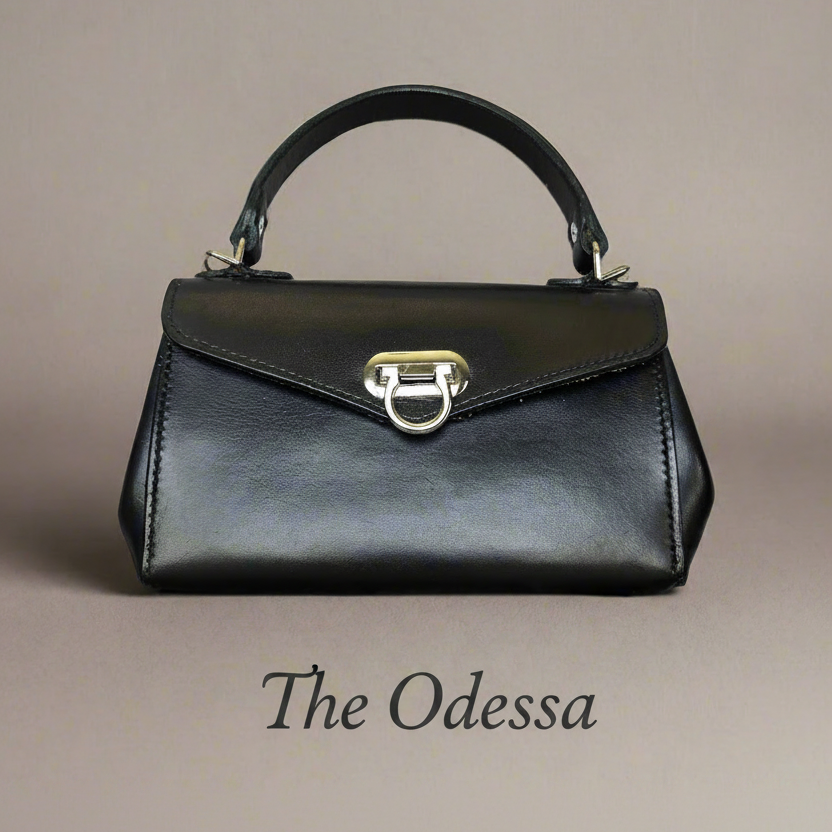 Hand Stitched, Full Grain, Black Leather Mini Handbag with NE Cornhusker Football Lining - Handcrafted Purse
