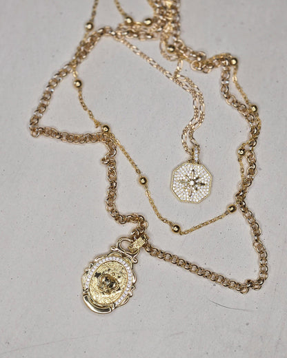 Celestial Royalty, Layered Necklace – Pave Starburst, Satellite Chain & Crown Medallion in Gold Tone Finish