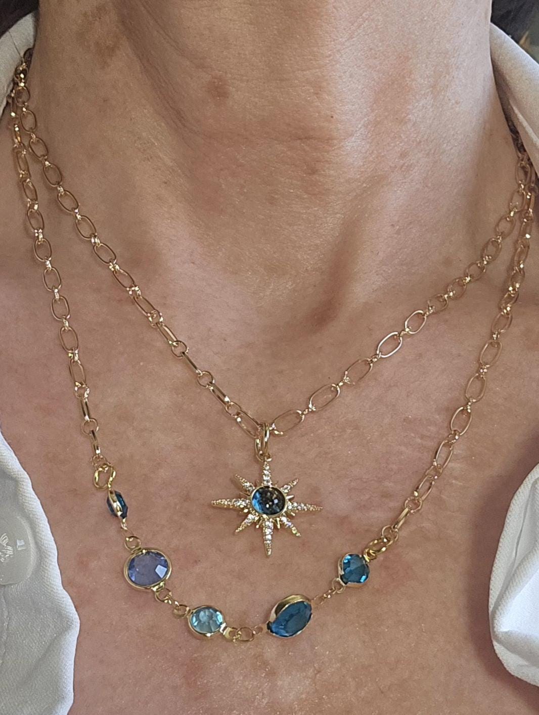 Gold Starburst Charm Necklace: Turquoise Crystal Double Strand