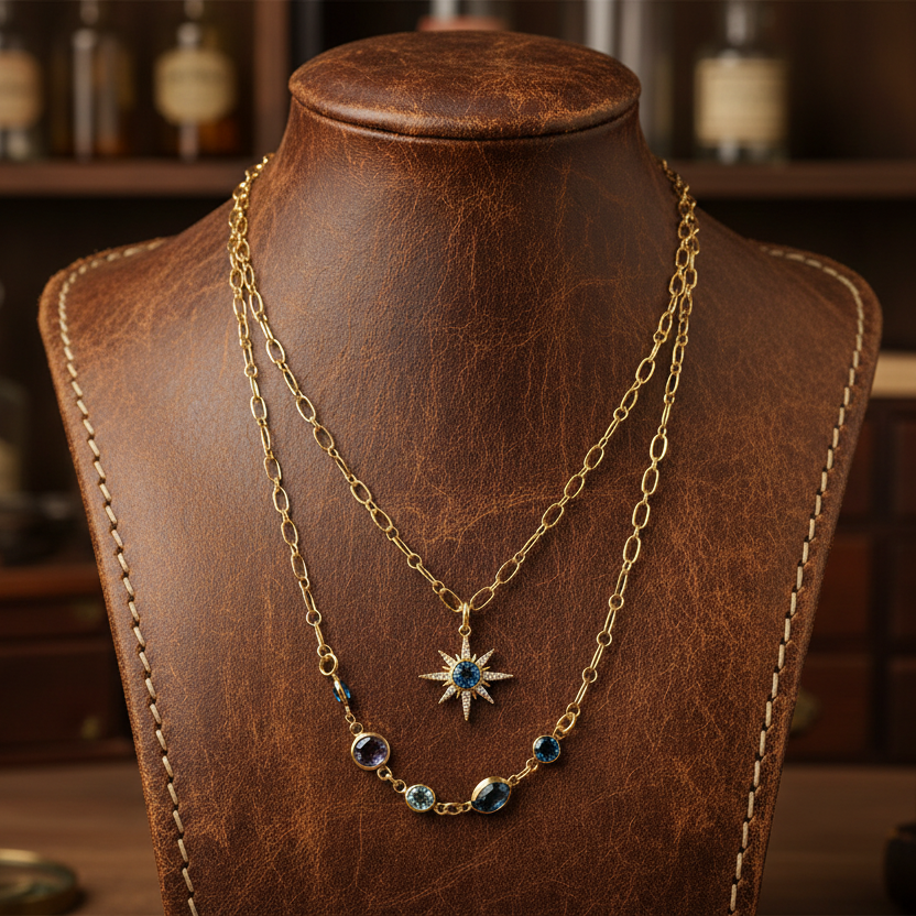 Gold Starburst Charm Necklace: Turquoise Crystal Double Strand