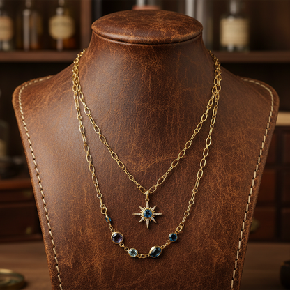 Gold Starburst Charm Necklace: Turquoise Crystal Double Strand
