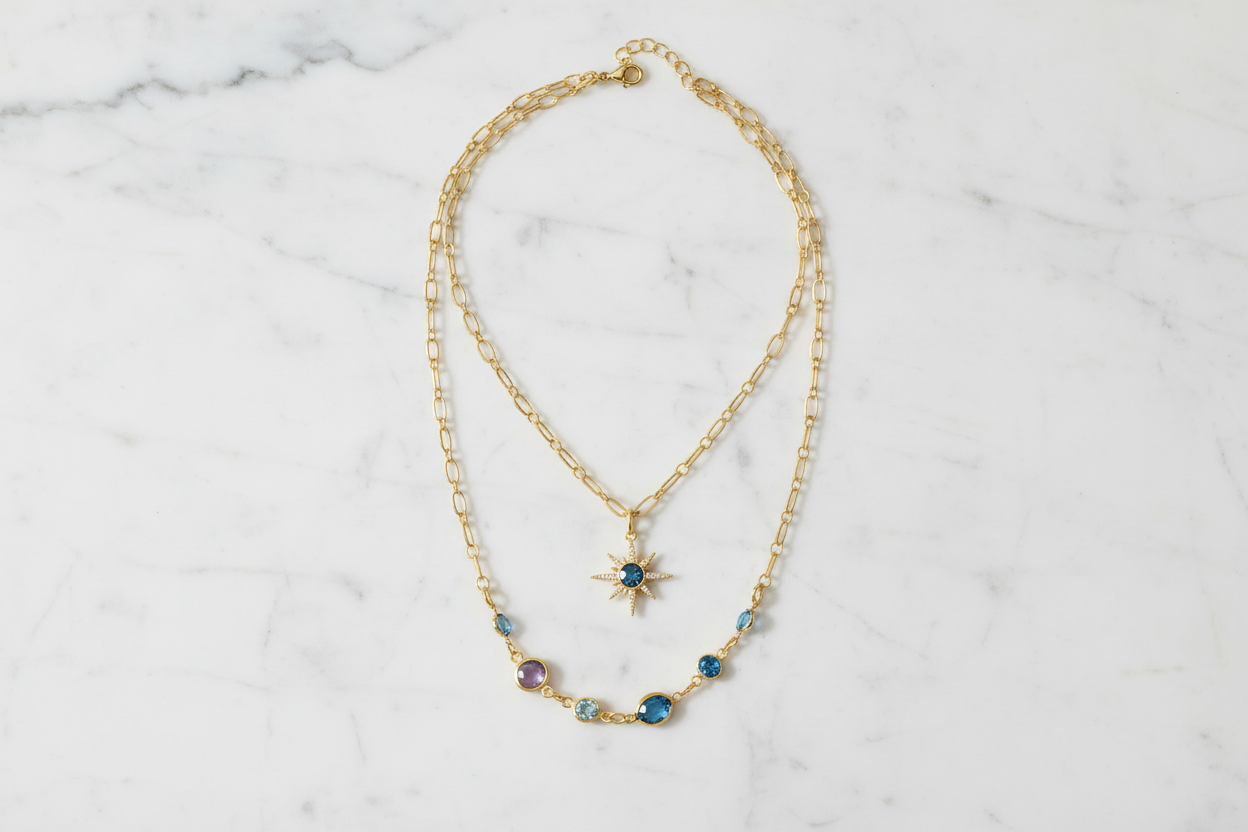 Gold Starburst Charm Necklace: Turquoise Crystal Double Strand