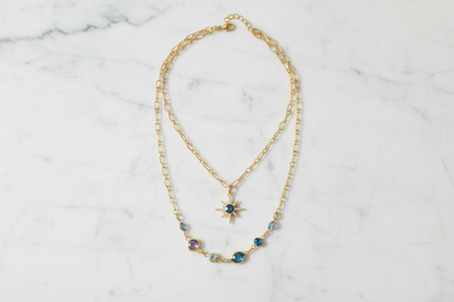 Gold Starburst Charm Necklace: Turquoise Crystal Double Strand