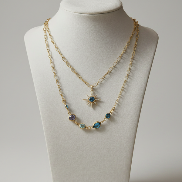 Gold Starburst Charm Necklace: Turquoise Crystal Double Strand