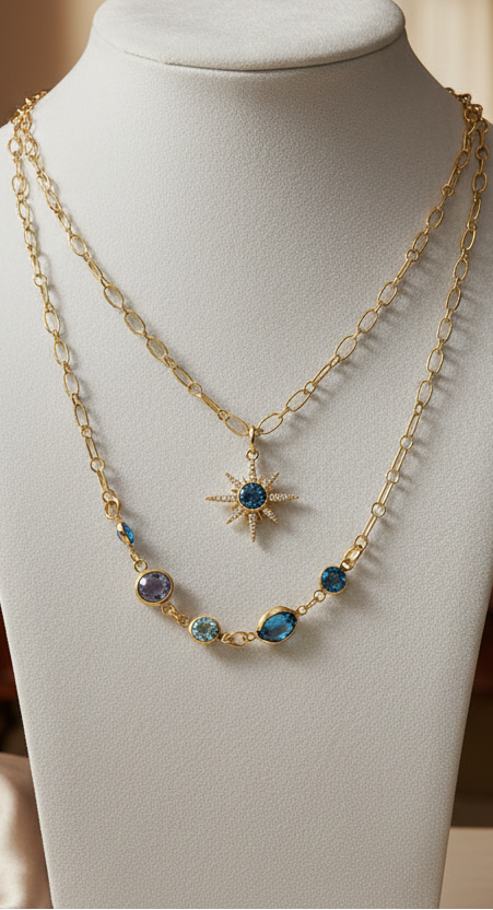 Gold Starburst Charm Necklace: Turquoise Crystal Double Strand