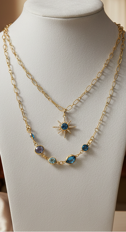 Gold Starburst Charm Necklace: Turquoise Crystal Double Strand