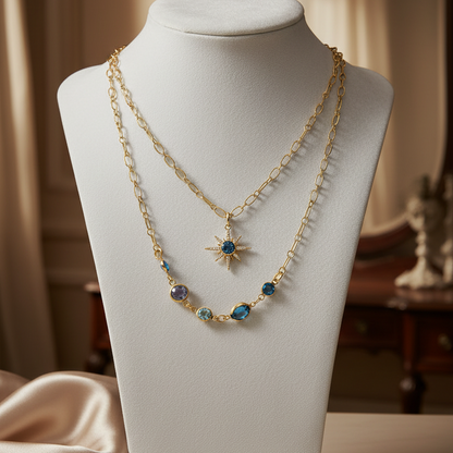 Gold Starburst Charm Necklace: Turquoise Crystal Double Strand
