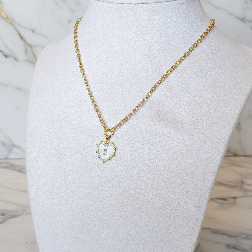 Mother of Pearl Heart Pendant Necklace: Swarovski Crystals On Gold Chain