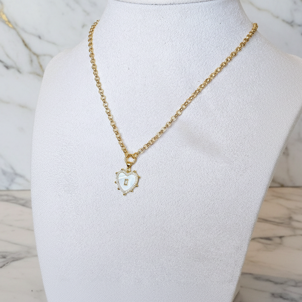 Mother of Pearl Heart Pendant Necklace: Swarovski Crystals On Gold Chain