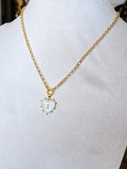 Petite Mother Of Pearl and Swarovski Crystal Heart Pendant on 18" Gold Tone Rolo Chain