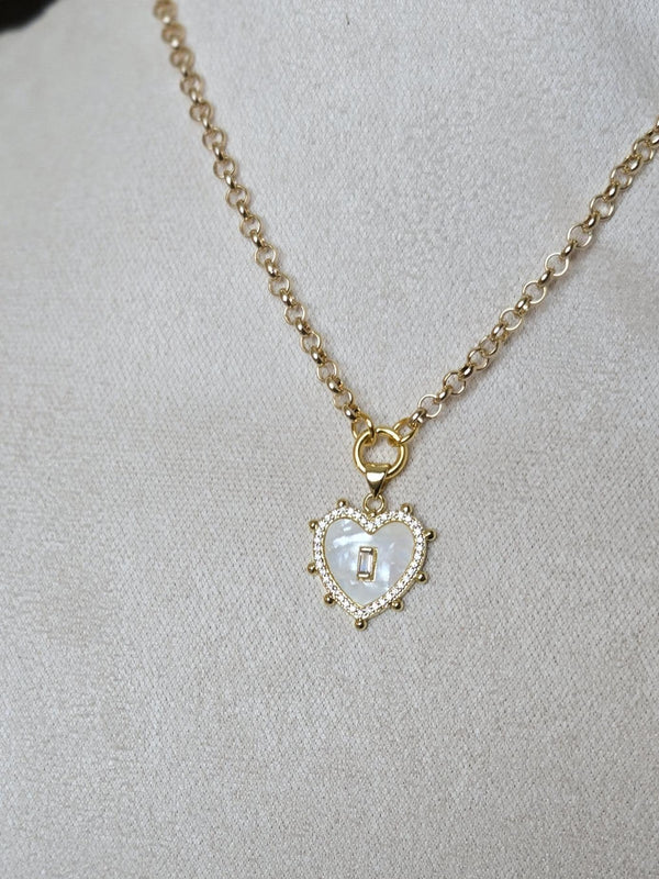 Petite Mother Of Pearl and Swarovski Crystal Heart Pendant on 18" Gold Tone Rolo Chain