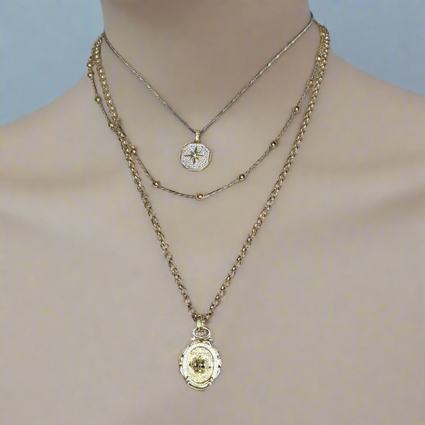 Celestial Royalty, Layered Necklace – Pave Starburst, Satellite Chain & Crown Medallion in Gold Tone Finish