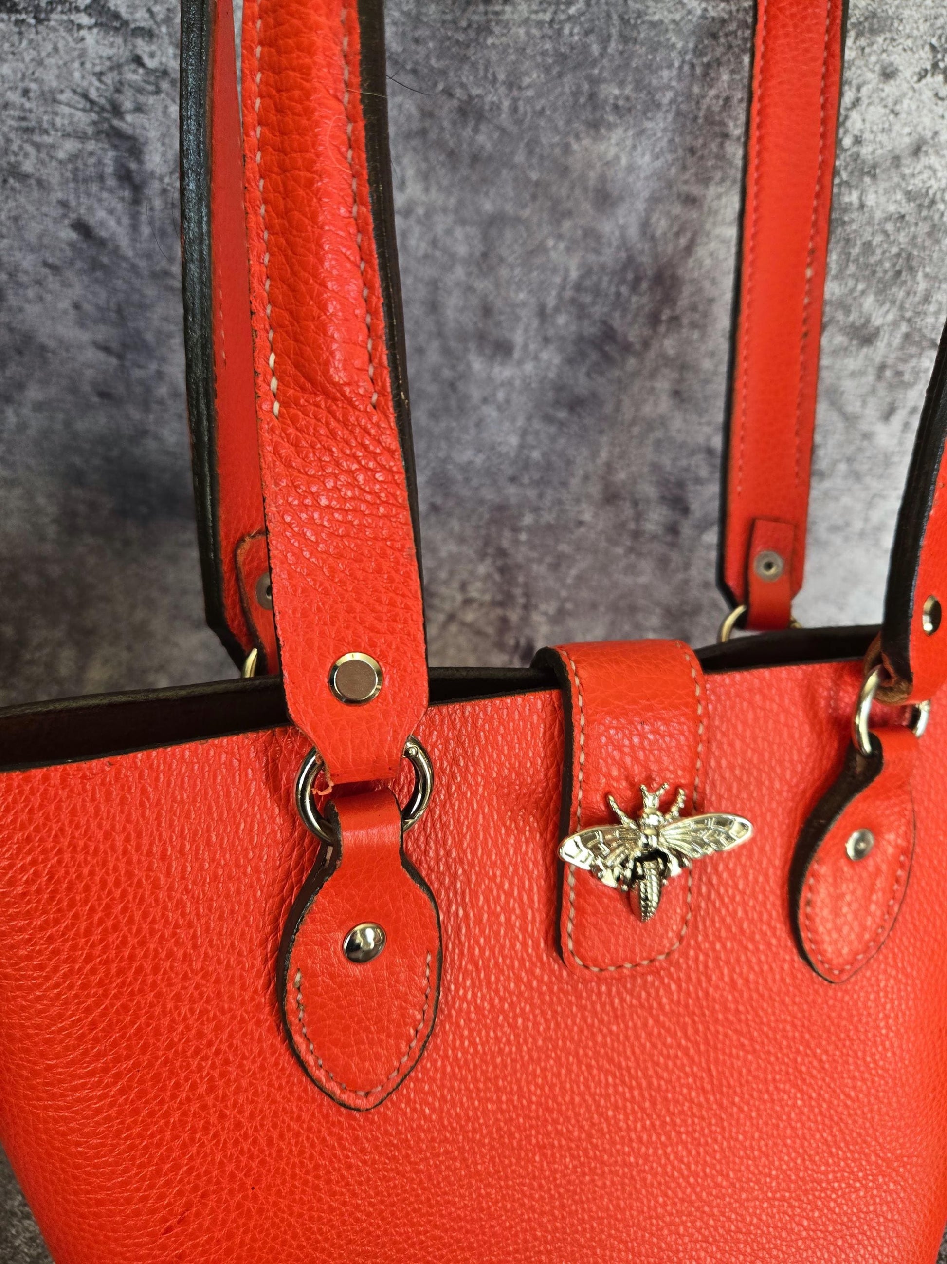 Bold Orange Leather Purse with Bee Clasp & Double Shoulder Straps – Medium to Large Handbag- The Chiara
