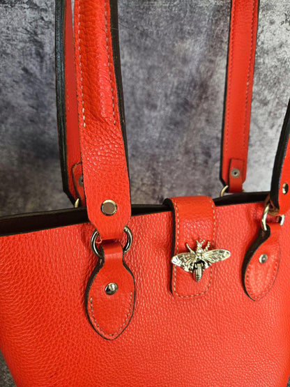 Bold Orange Leather Purse with Bee Clasp & Double Shoulder Straps – Medium to Large Handbag- The Chiara