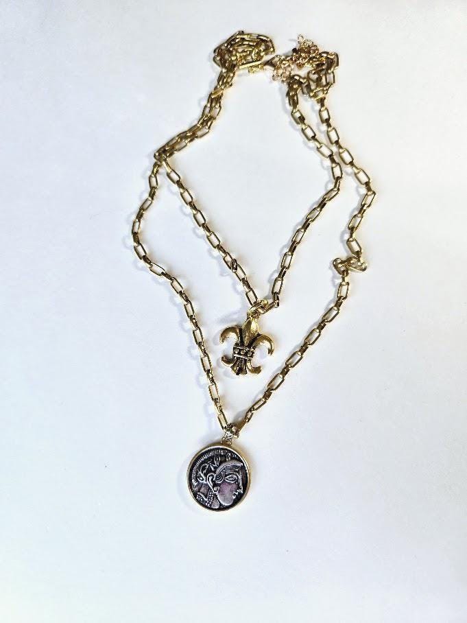 Layered Gold Necklace with Fleur-de-Lis & Roman Coin on Paperclip Chain- Stacked Necklace