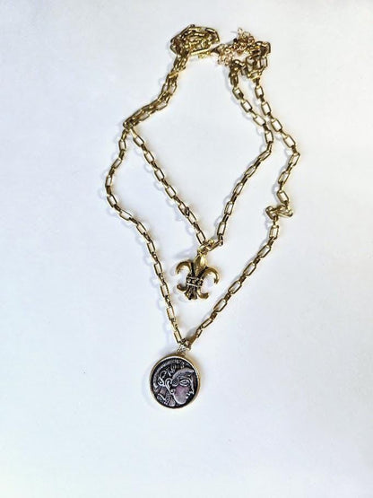 Layered Gold Necklace with Fleur-de-Lis & Roman Coin on Paperclip Chain- Stacked Necklace