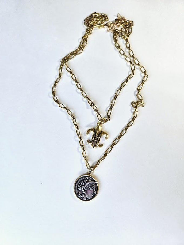 Layered Gold Necklace with Fleur-de-Lis & Roman Coin on Paperclip Chain- Stacked Necklace