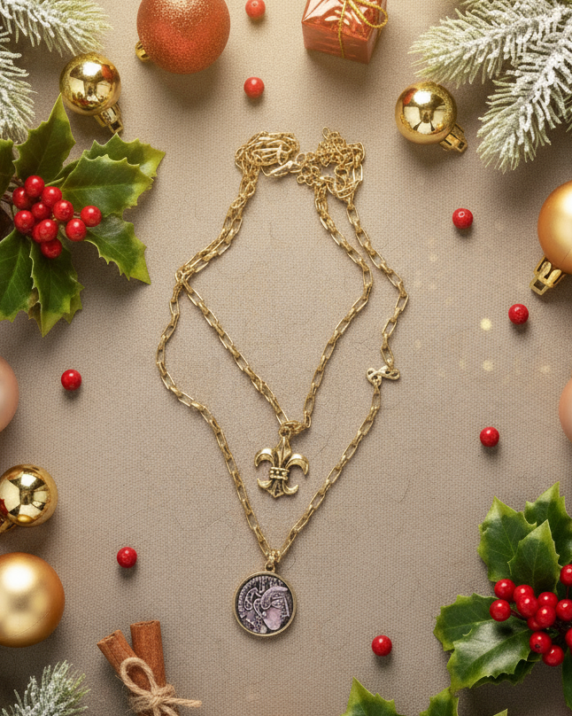 Layered Gold Necklace with Fleur-de-Lis & Roman Coin on Paperclip Chain- Stacked Necklace