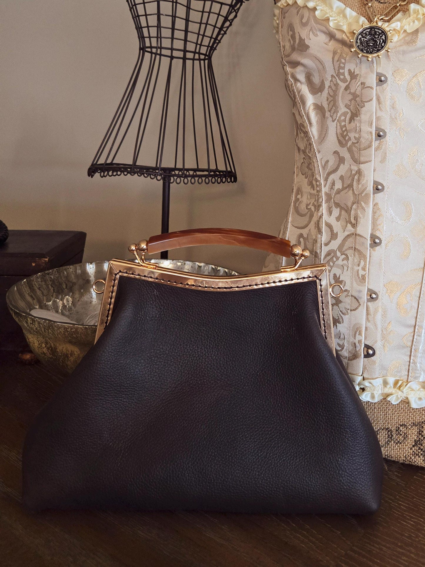 Small Dark Brown Leather Handbag with Ball Clasp Closure and removable Chain Strap