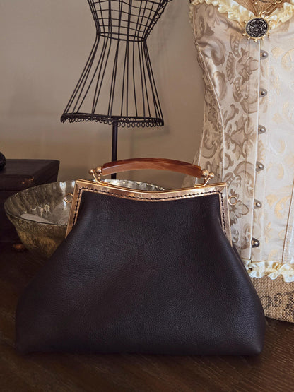 Small Dark Brown Leather Handbag with Ball Clasp Closure and removable Chain Strap