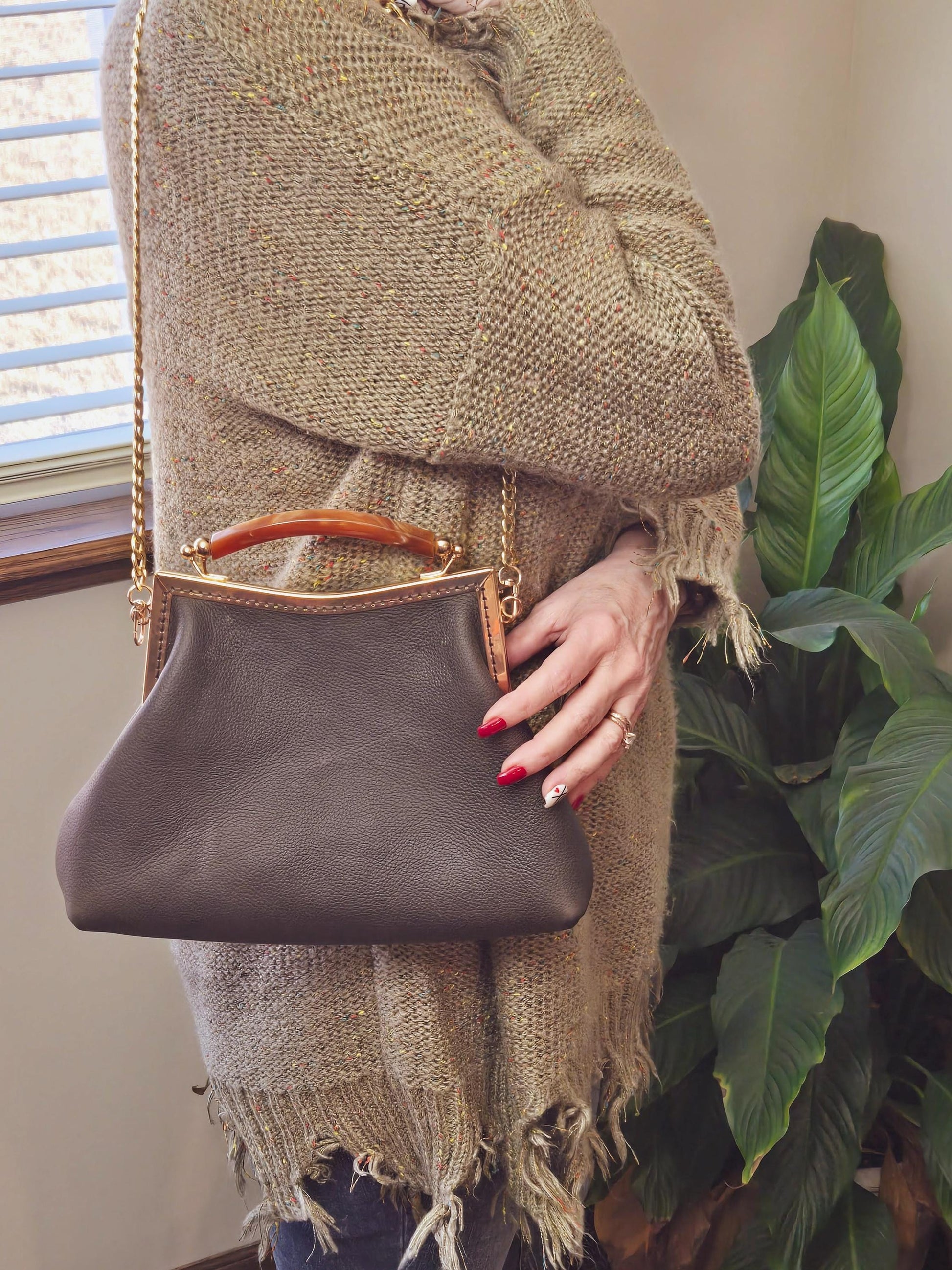 Small Dark Brown Leather Handbag with Ball Clasp Closure and removable Chain Strap