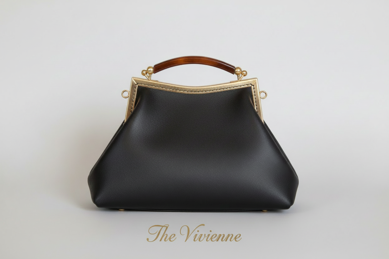 Dark Brown Leather Handbag with Ball Clasp Closure and removable Chain Strap -  Vintage Glam Handbag