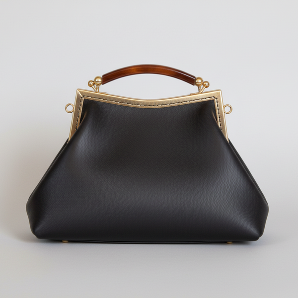 Dark Brown Leather Handbag with Ball Clasp Closure and removable Chain Strap