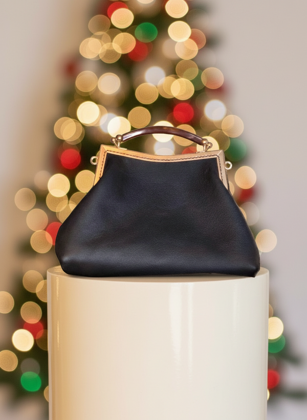 Dark Brown Leather Handbag with Ball Clasp Closure and removable Chain Strap