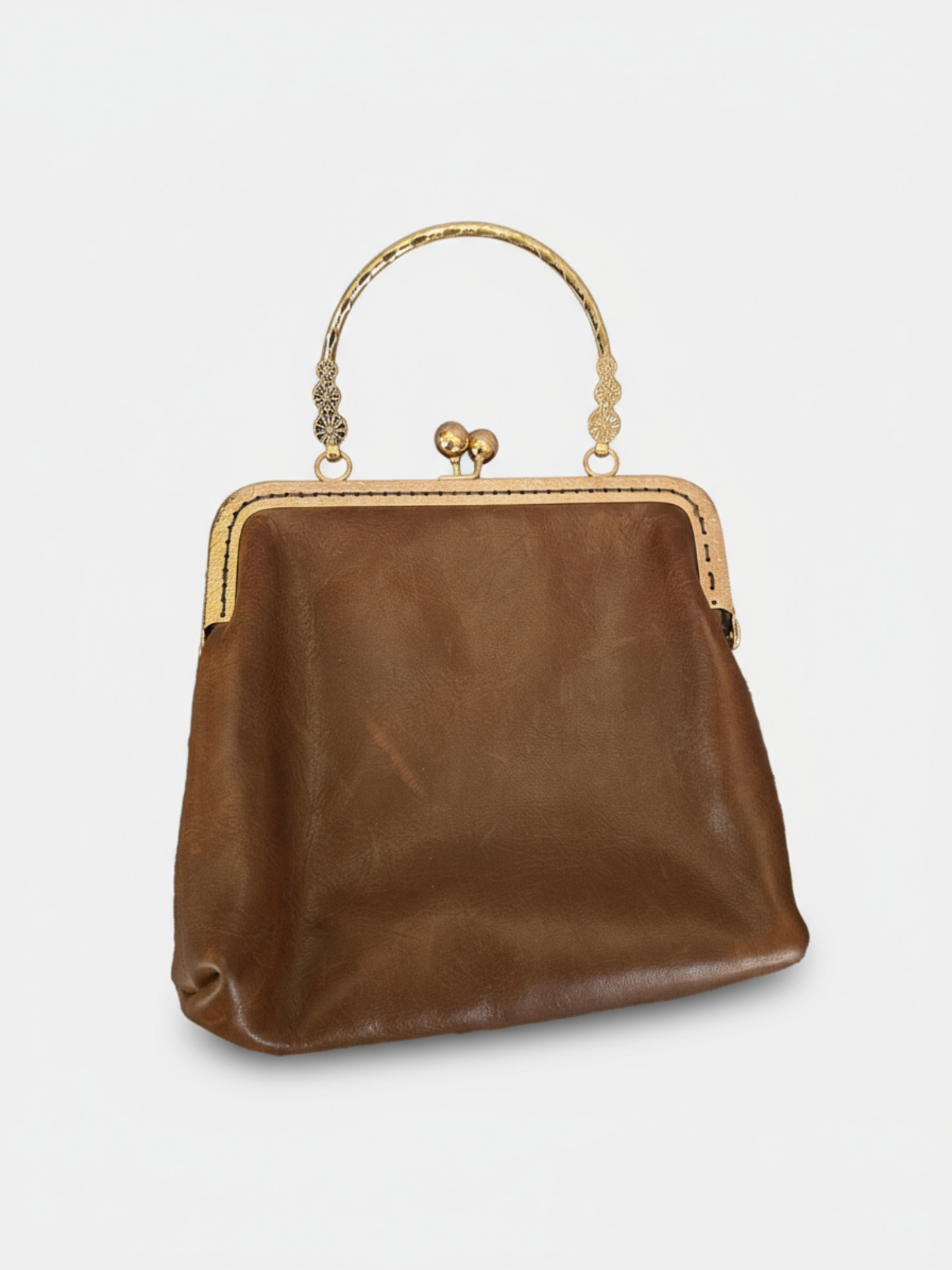 Small Brown Leather Handbag with Ball Clasp Closure