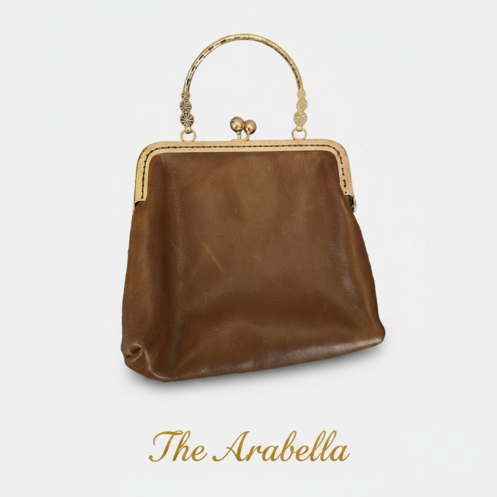Small Brown Leather Handbag with Ball Clasp Closure