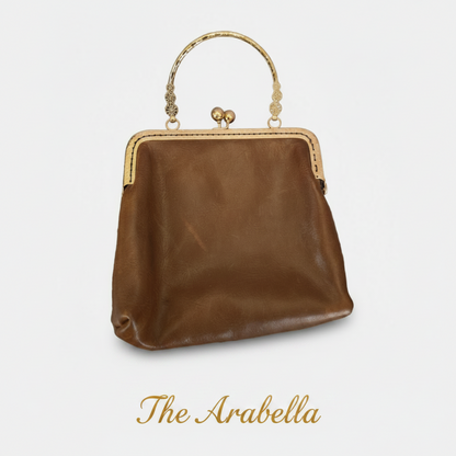 Small Brown Leather Handbag with Ball Clasp Closure