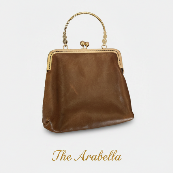 Small Brown Leather Handbag with Ball Clasp Closure