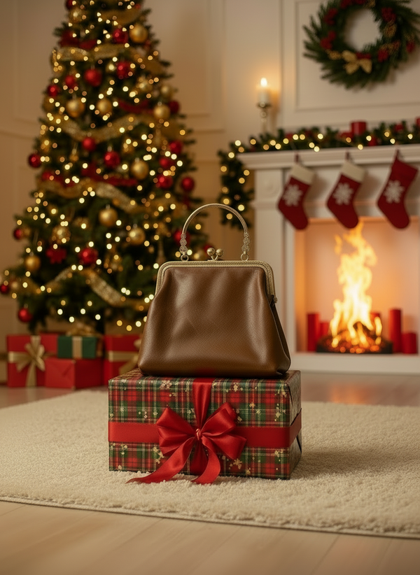 Small Brown Leather Handbag with Ball Clasp Closure