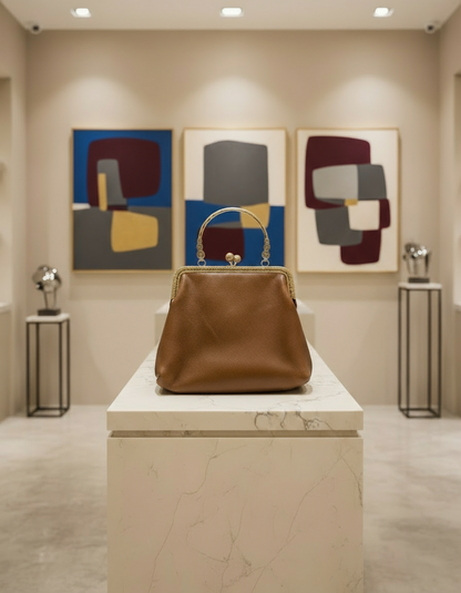 Small Brown Leather Handbag with Ball Clasp Closure