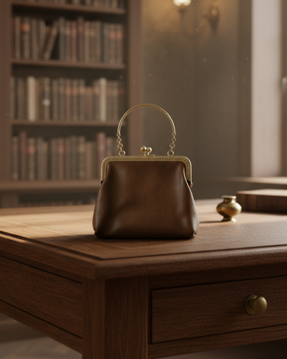 Small Brown Leather Handbag with Ball Clasp Closure