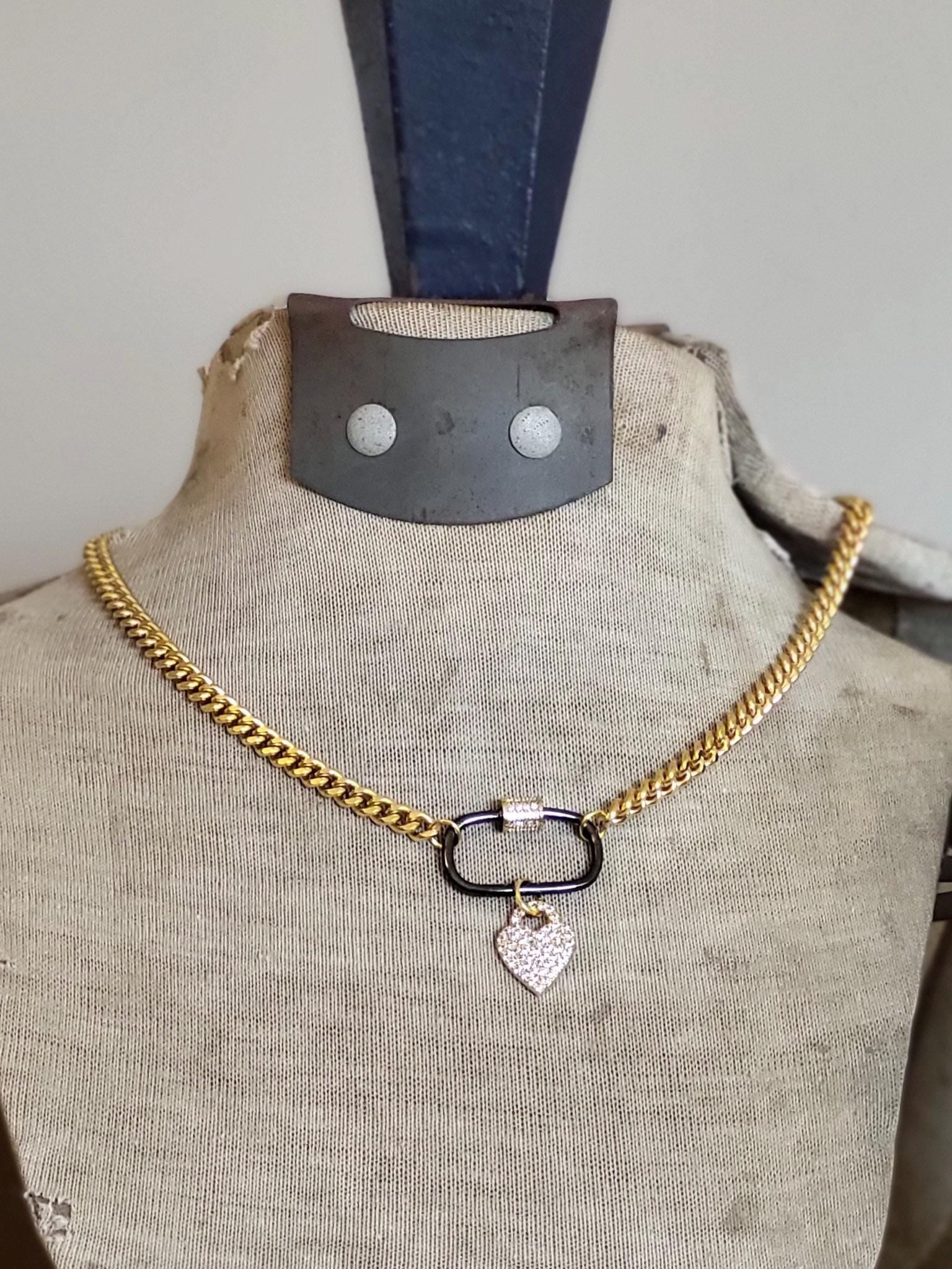 Gold Curb Chain Necklace with Gunmetal Carabiner & Pavé Heart Charm